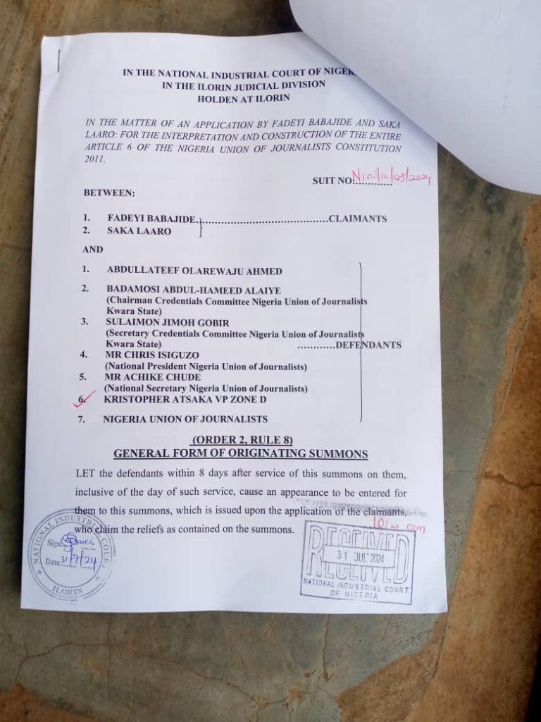 court order restratining NUJ Kwara Chapter-2024 Election